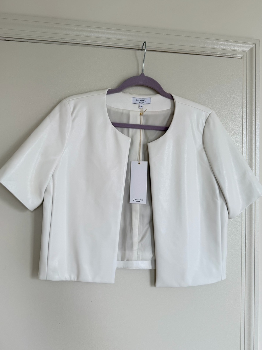 J. Society White Short-Sleeve Cropped Faux Leather Jackrt
